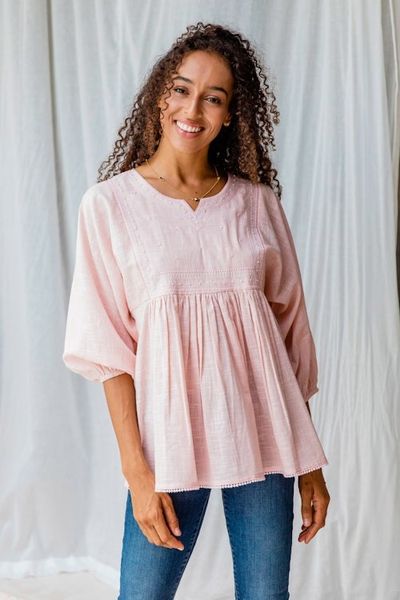 Alternate image for Embroidered Pink Cotton Tunic with Elastic Cuffs Tender Blooms