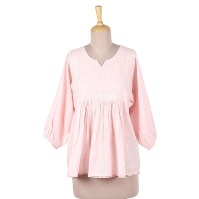 Alternate image for Embroidered Pink Cotton Tunic with Elastic Cuffs Tender Blooms