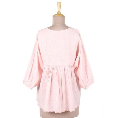 Alternate image for Embroidered Pink Cotton Tunic with Elastic Cuffs Tender Blooms