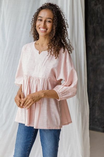 Alternate image for Embroidered Pink Cotton Tunic with Elastic Cuffs Tender Blooms