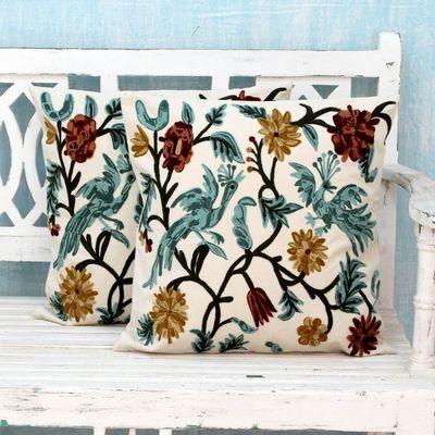 Alternate image for Cotton Chainstitch Embroidery Floral Cushion Covers Pair Blue Cockatoo Garden