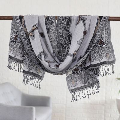 Alternate image for Hand-Embroidered Wool Shawl with Grey Paisley Details Misty Glory
