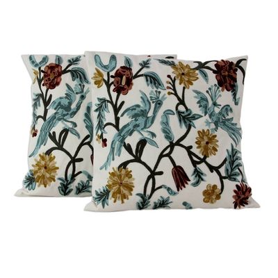 Alternate image for Cotton Chainstitch Embroidery Floral Cushion Covers Pair Blue Cockatoo Garden