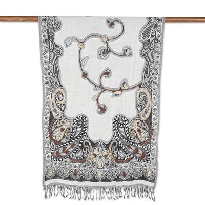 Alternate image for Hand-Embroidered Wool Shawl with Grey Paisley Details Misty Glory