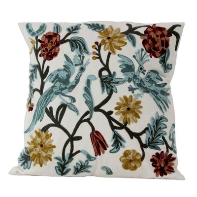 Alternate image for Cotton Chainstitch Embroidery Floral Cushion Covers Pair Blue Cockatoo Garden