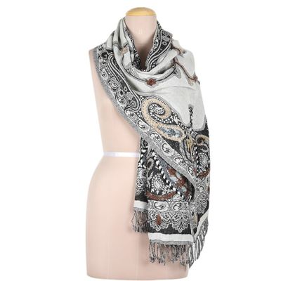 Alternate image for Hand-Embroidered Wool Shawl with Grey Paisley Details Misty Glory