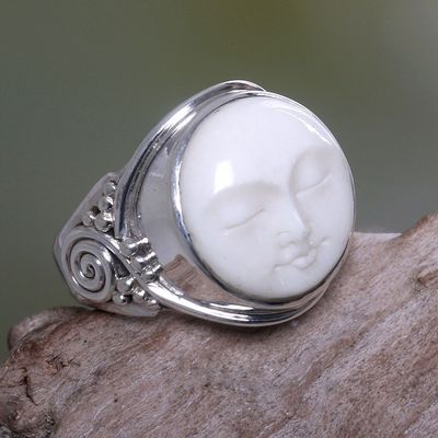 Alternate image for Hand Crafted Sterling Silver and Bone Cocktail Ring Face of the Moon