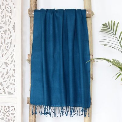 Alternate image for Hand-Woven Teal Wool Shawl from India Winter Warmth in Teal
