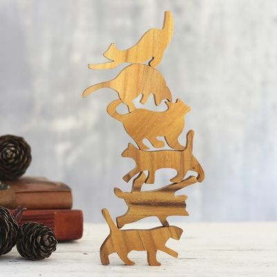 Alternate image for Hand Carved Teak Wood Cat-Themed Stacking Game 6 Pieces Ninja Cats