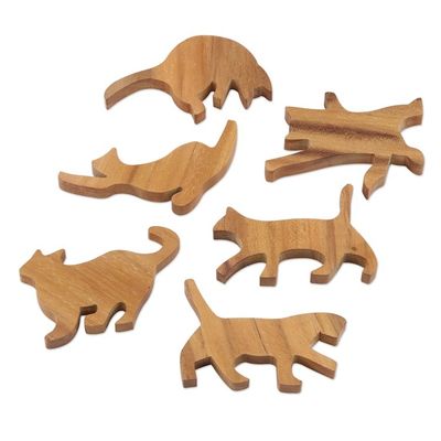 Alternate image for Hand Carved Teak Wood Cat-Themed Stacking Game 6 Pieces Ninja Cats
