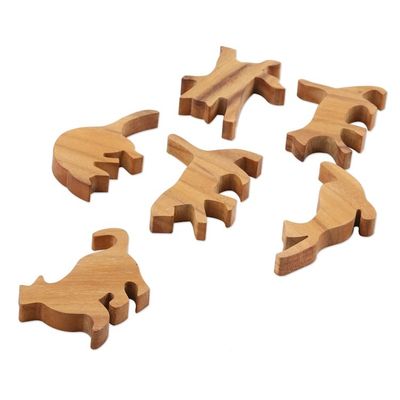 Alternate image for Hand Carved Teak Wood Cat-Themed Stacking Game 6 Pieces Ninja Cats