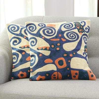 Alternate image for Blue Tree Embroidered Cotton Cushion Covers Pair Swirling Tree