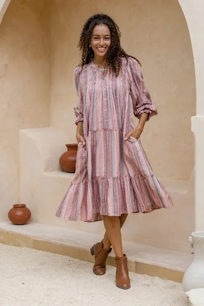Alternate image for Colorful Striped Embroidered Cotton A-Line Dress from India Between Sweet Lines