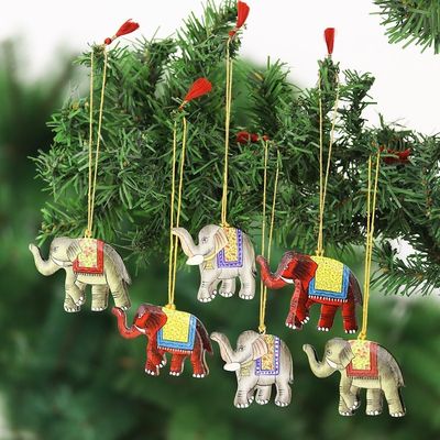 Alternate image for Painted Wood Elephant Ornaments Set of 6 Festive Elephants