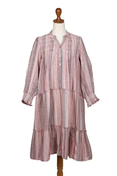 Alternate image for Colorful Striped Embroidered Cotton A-Line Dress from India Between Sweet Lines