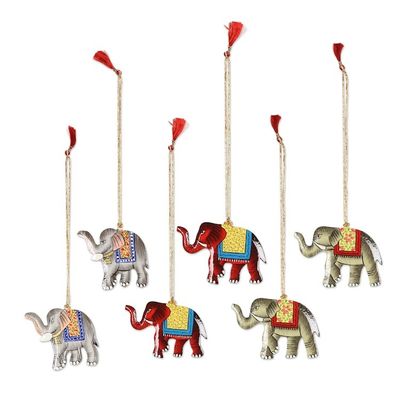 Alternate image for Painted Wood Elephant Ornaments Set of 6 Festive Elephants