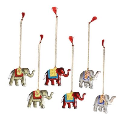 Alternate image for Painted Wood Elephant Ornaments Set of 6 Festive Elephants