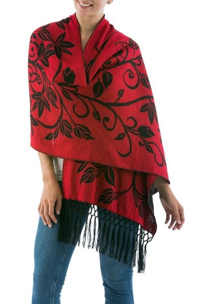 Alternate image for Reversible Red and Black Alpaca Blend Shawl Scarlet Leaves
