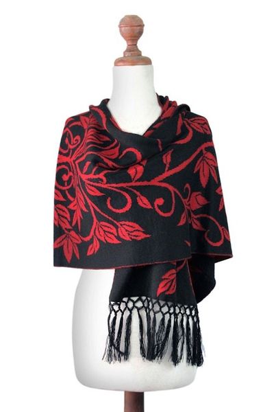 Alternate image for Reversible Red and Black Alpaca Blend Shawl Scarlet Leaves