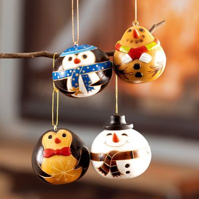Alternate image for Set of 4 Dried Gourd Holiday Ornaments Handmade in Peru Holiday Friends