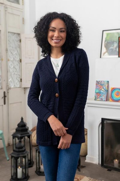 Alternate image for Navy Blue Alpaca Blend Button Down Cardigan Sweater Textures in Blue