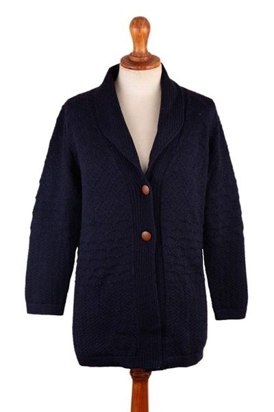 Alternate image for Navy Blue Alpaca Blend Button Down Cardigan Sweater Textures in Blue