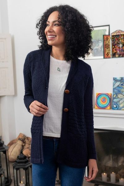 Alternate image for Navy Blue Alpaca Blend Button Down Cardigan Sweater Textures in Blue
