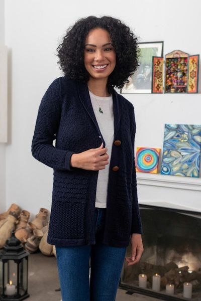 Alternate image for Navy Blue Alpaca Blend Button Down Cardigan Sweater Textures in Blue