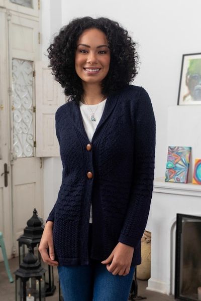 Alternate image for Navy Blue Alpaca Blend Button Down Cardigan Sweater Textures in Blue