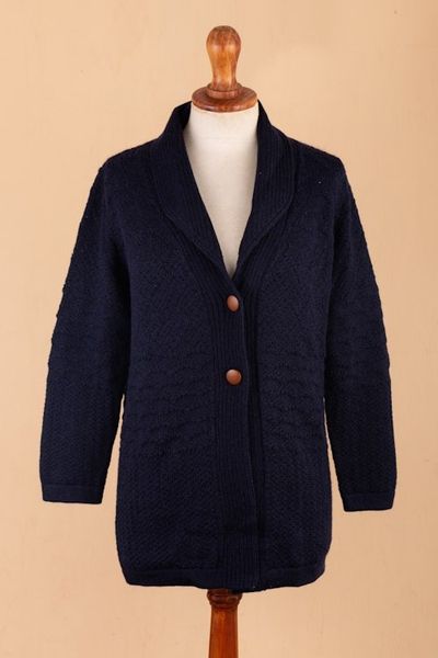 Alternate image for Navy Blue Alpaca Blend Button Down Cardigan Sweater Textures in Blue