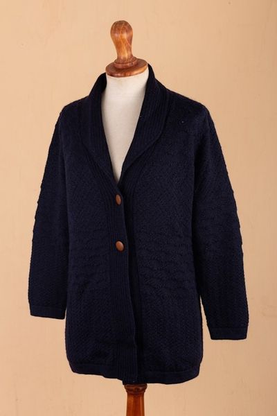 Alternate image for Navy Blue Alpaca Blend Button Down Cardigan Sweater Textures in Blue