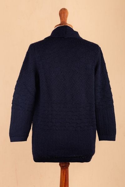 Alternate image for Navy Blue Alpaca Blend Button Down Cardigan Sweater Textures in Blue