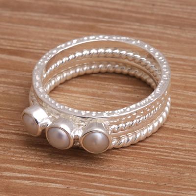 Alternate image for 925 Sterling Silver Cultured Pearl Stacking Rings Set of 4 United Moons
