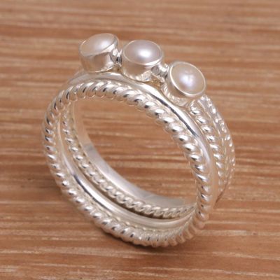 Alternate image for 925 Sterling Silver Cultured Pearl Stacking Rings Set of 4 United Moons