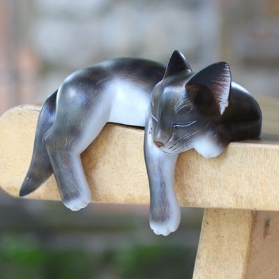 Image for Hand Crafted Dark Grey Sleeping Kitty Cat Sculpture Catnap