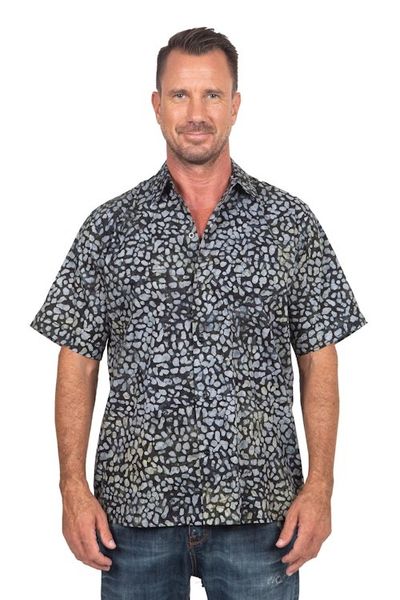 Alternate image for Mens Green and Black Short Sleeves Cotton Batik Shirt Borneo Slate