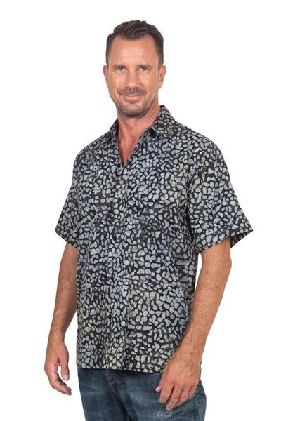 Alternate image for Mens Green and Black Short Sleeves Cotton Batik Shirt Borneo Slate