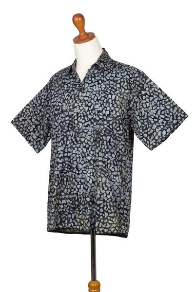 Alternate image for Mens Green and Black Short Sleeves Cotton Batik Shirt Borneo Slate