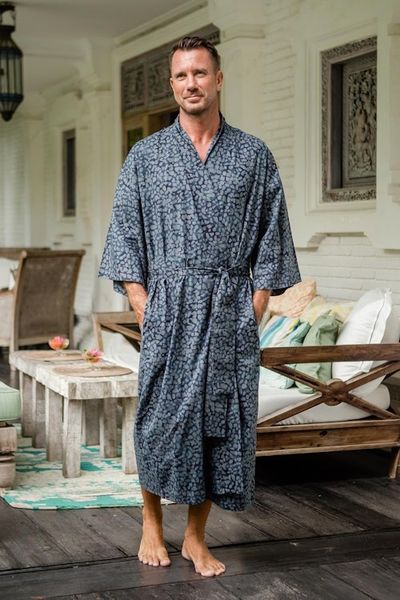 Alternate image for Mens Batik Belted Cotton Robe Blue Midnight