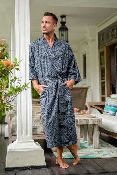 Alternate image for Mens Batik Belted Cotton Robe Blue Midnight