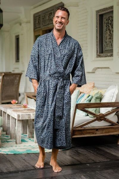 Alternate image for Mens Batik Belted Cotton Robe Blue Midnight
