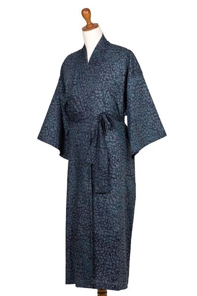 Alternate image for Mens Batik Belted Cotton Robe Blue Midnight
