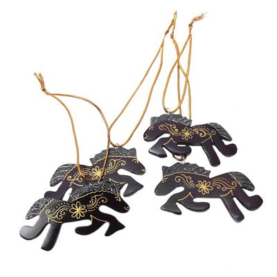Alternate image for Set of 4 Handmade Mahogany Wood Horse Ornaments from Bali Little Horses