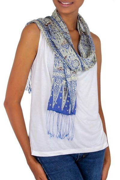 Alternate image for Handmade Silk Batik Scarf from Indonesia Royal Java Blue