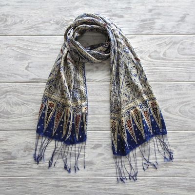 Alternate image for Handmade Silk Batik Scarf from Indonesia Royal Java Blue