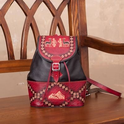 Alternate image for Handcrafted Crimson and Black Leather Backpack from Peru Ancient Elegance
