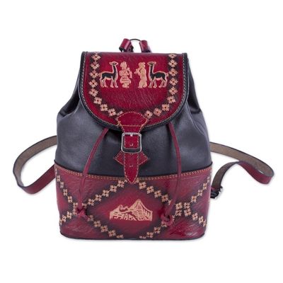 Alternate image for Handcrafted Crimson and Black Leather Backpack from Peru Ancient Elegance