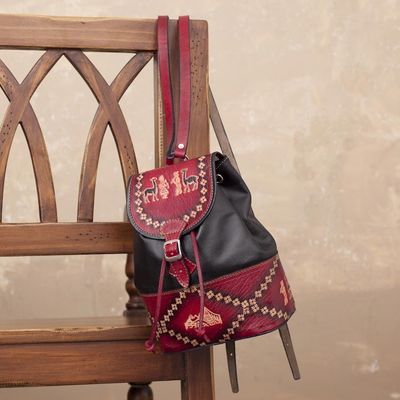 Alternate image for Handcrafted Crimson and Black Leather Backpack from Peru Ancient Elegance