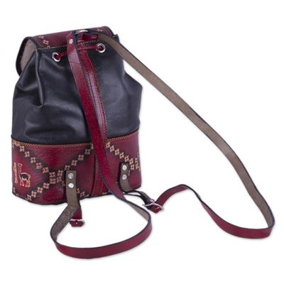 Alternate image for Handcrafted Crimson and Black Leather Backpack from Peru Ancient Elegance