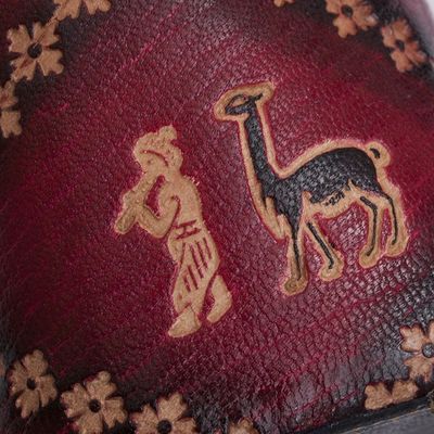 Alternate image for Handcrafted Crimson and Black Leather Backpack from Peru Ancient Elegance